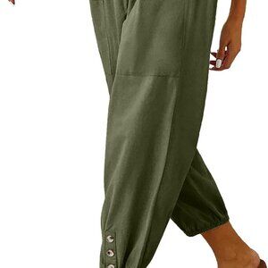 Trendy Large Women's High Waist Wide Leg Cropped Pants with Convenient Pockets